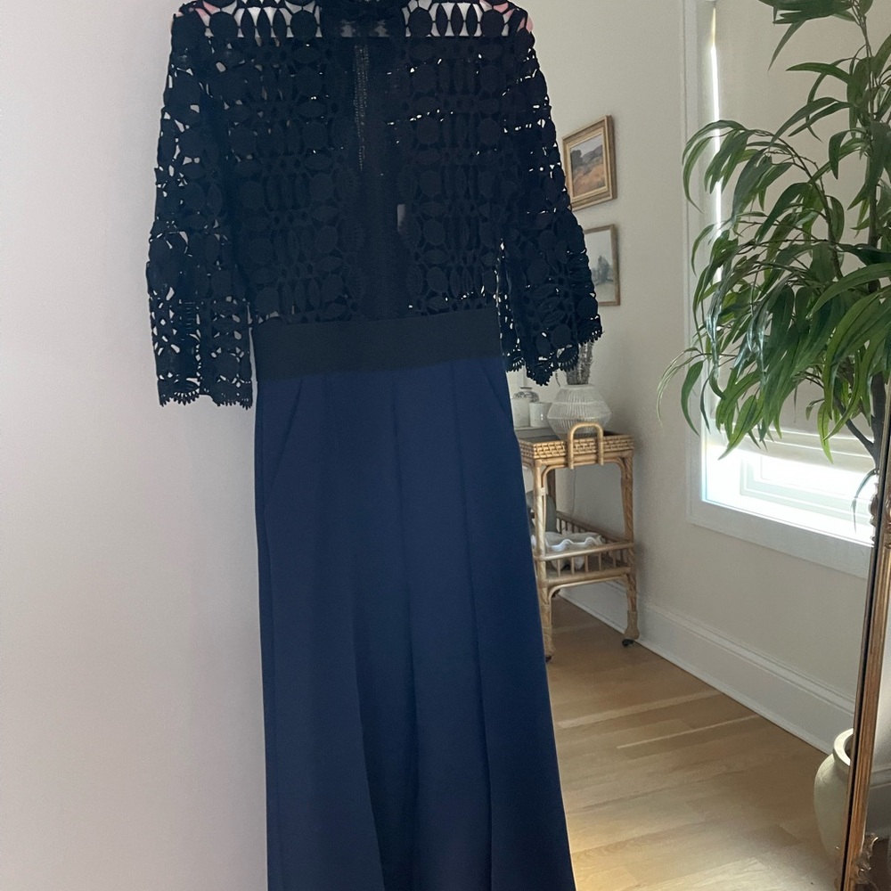 Self Portrait Black Navy Lace Mock Neck Wide Leg Jumpsuit Women's U.S. size 4 - Picture 2 of 5